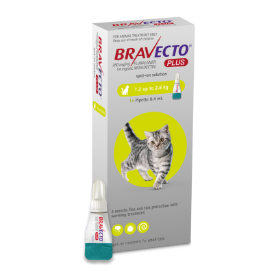 Bravecto PLUS Spot On Cat Flea Treatment WORM Treatment 1.2 - 2.8kg - 3 Months