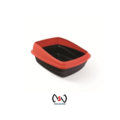 Cat Love Cat Litter Tray Pan Rimmed Med Charcoal / Red