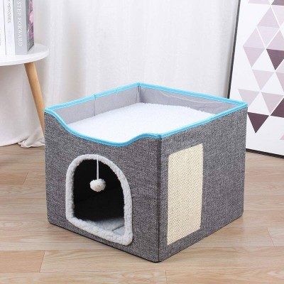 Cat Cave House Bed With Hanging Ball And Scratch Pad Gray